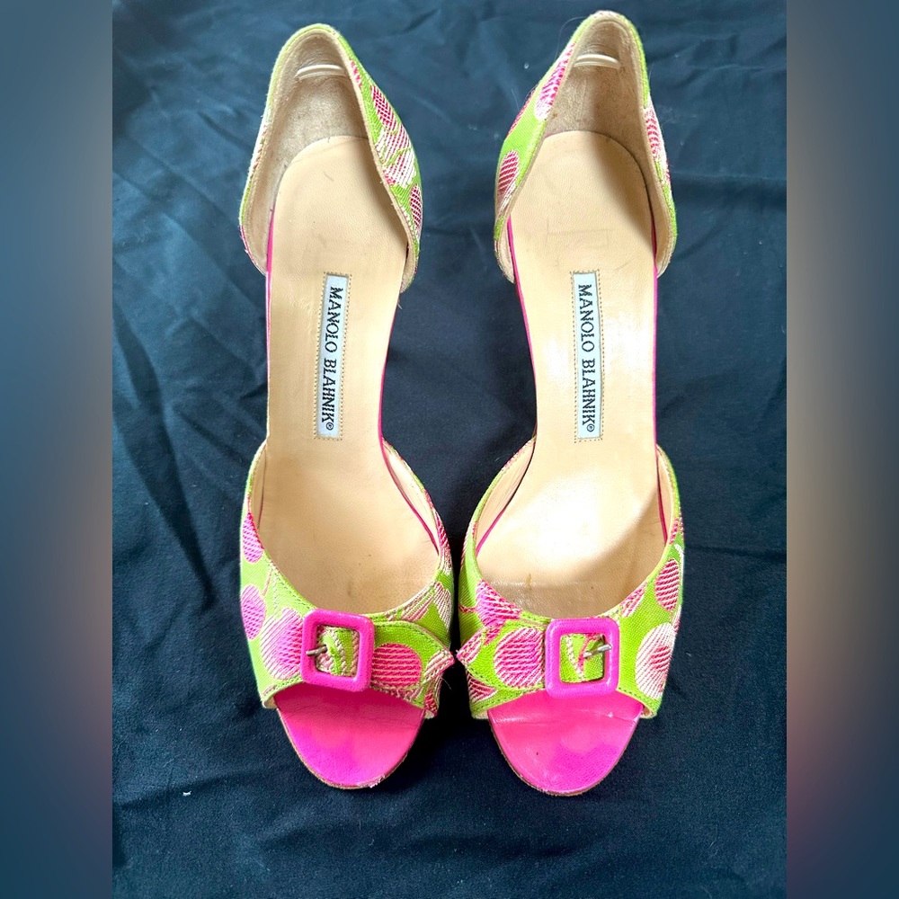 Manolo Blahnik Size 36 green with pink cherries. Lightly worn, very comfortable.